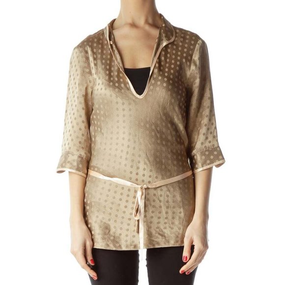Dynasty Beige Light Tan High-Neck 100% Silk Tunic Top - Picture 1 of 3